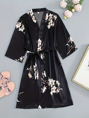 Floral Print Deep V Night Robe with Belt