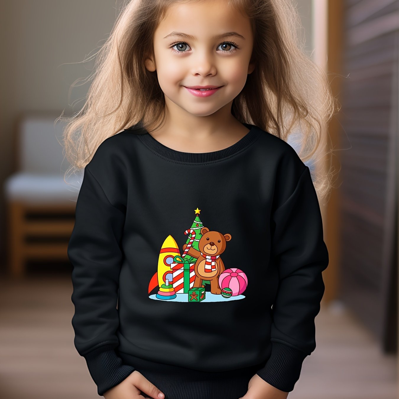Christmas Bear Print Girls Pullover Sweatshirt Long Sleeve Crew Neck Tops