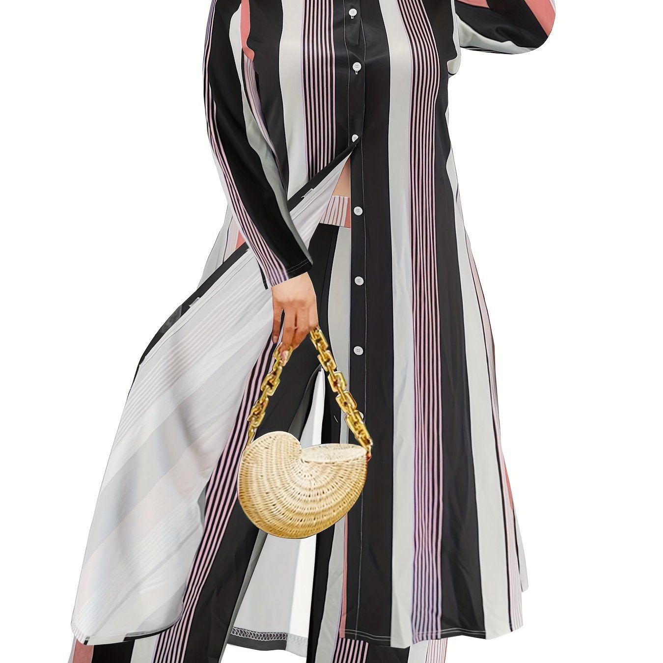 Women's Plus Striped Shirt Dress & Wide Leg Pants Set