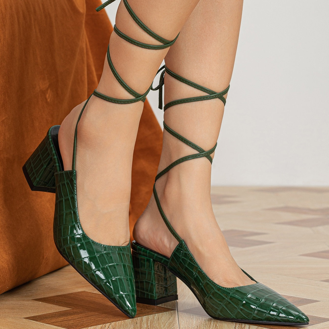 Strappy Chunky Heel Slingback Lace Up PU Leather Pumps