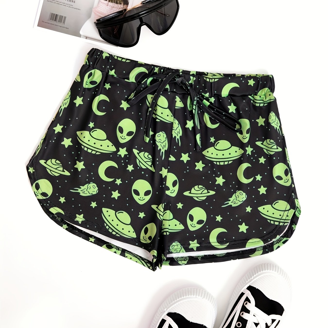 Spaceship & Alien Print Drawstring Shorts for Women