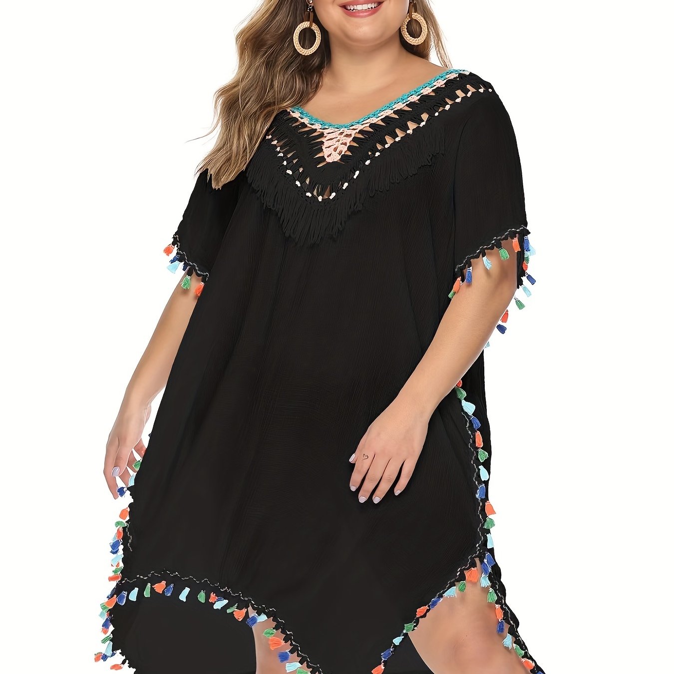 Crochet Tassel Trim V Neck Cover Up Dress