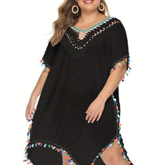 Crochet Tassel Trim V Neck Cover Up Dress