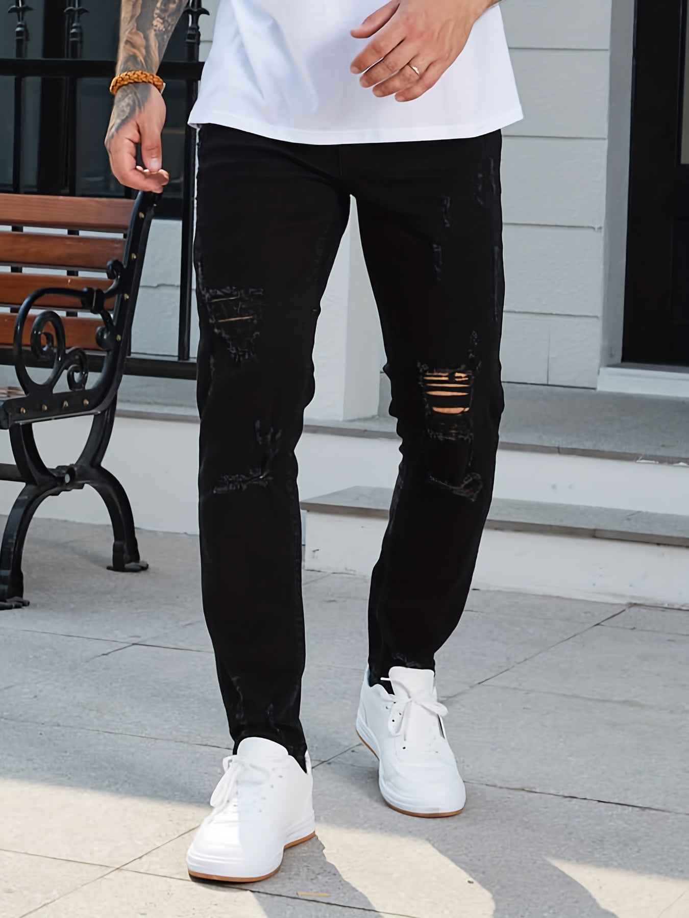Slim Fit Ripped Cotton Jeans Mens Casual Street Style Distressed Mid Stretch Den