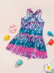 Girls One Piece Swimsuit Fish Scale Print Cross Strap Dress