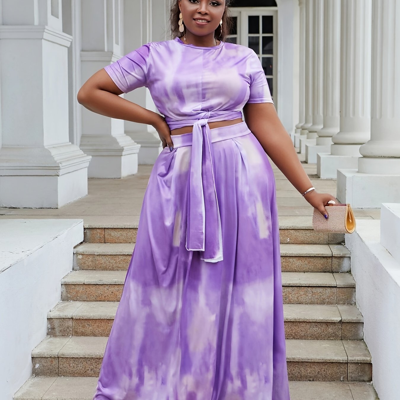 Tie Dye Print Crop Top & Maxi Skirt 2pcs Set Outfit Plus Size