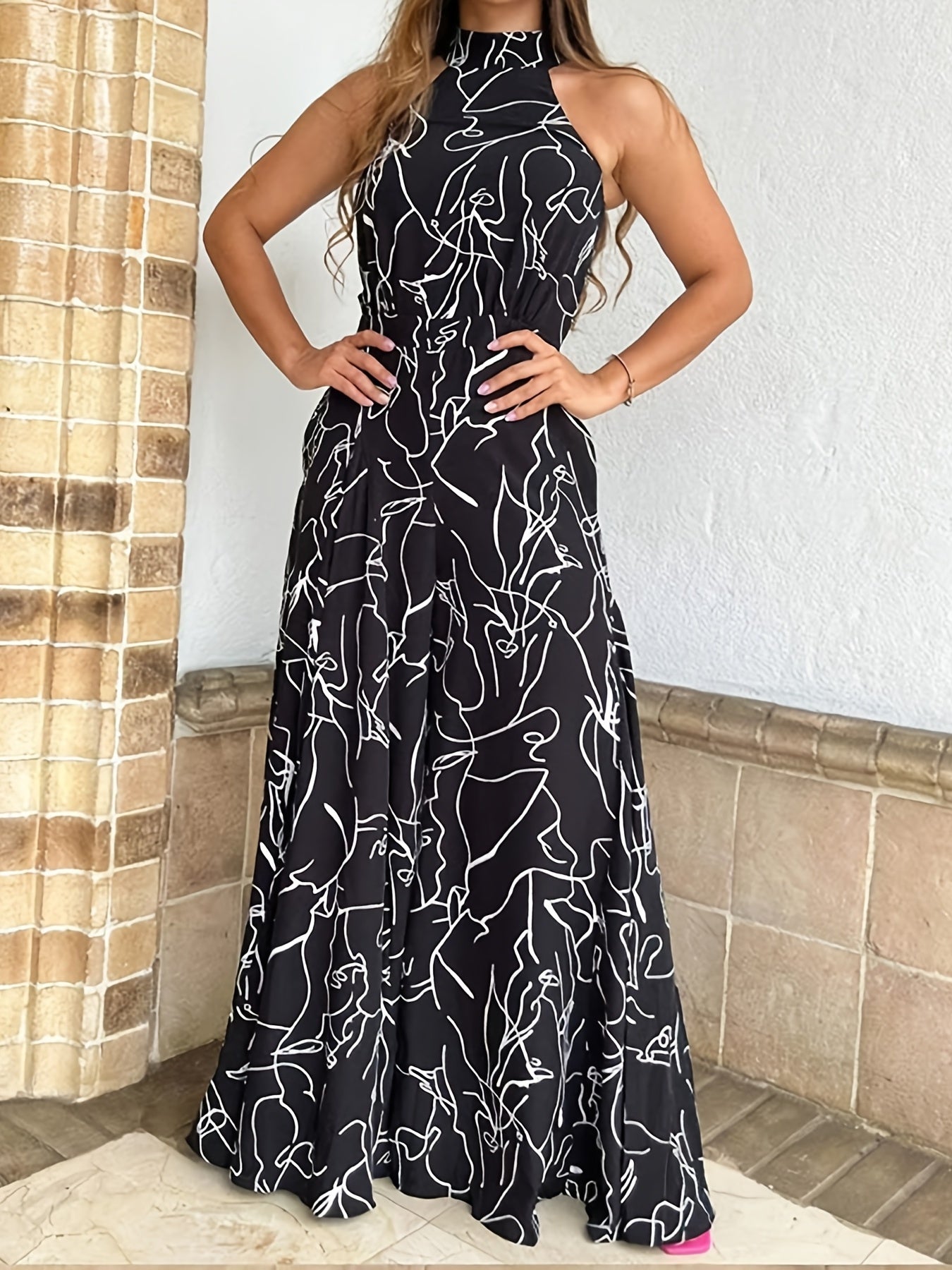 Print Tie Waist Halter Jumpsuit Wide Leg Pant