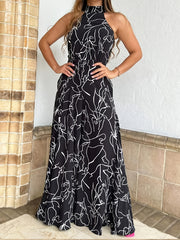 Print Tie Waist Halter Jumpsuit Wide Leg Pant