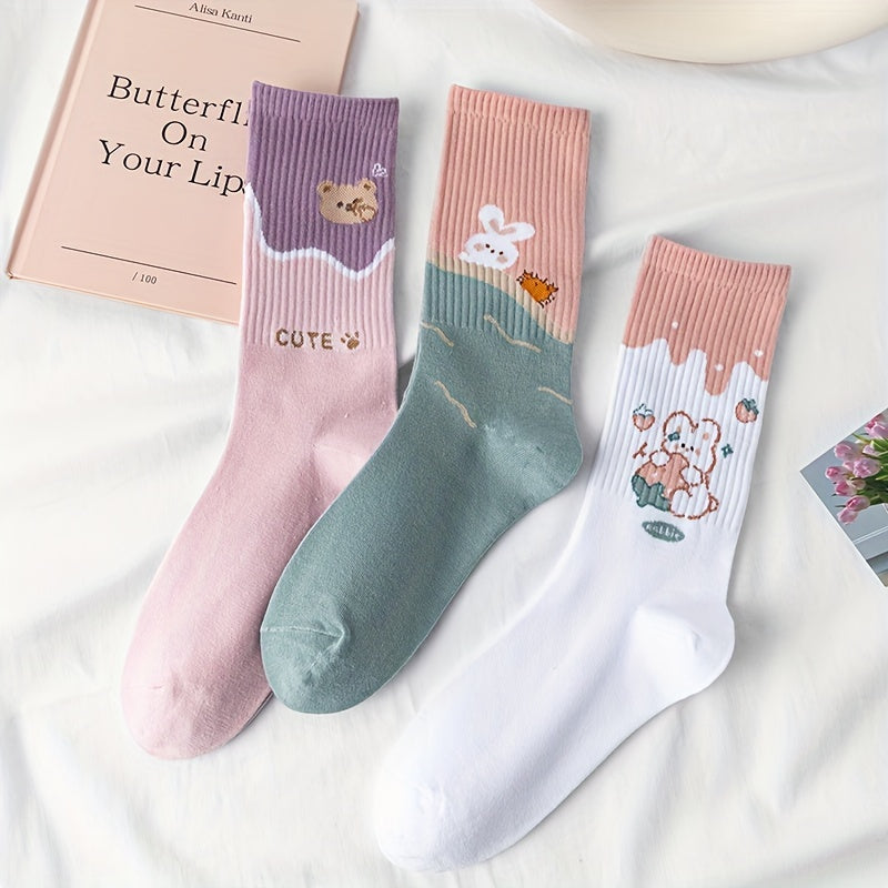 3 Pairs Bear & Bunny Print Socks Women's Crew Stockings
