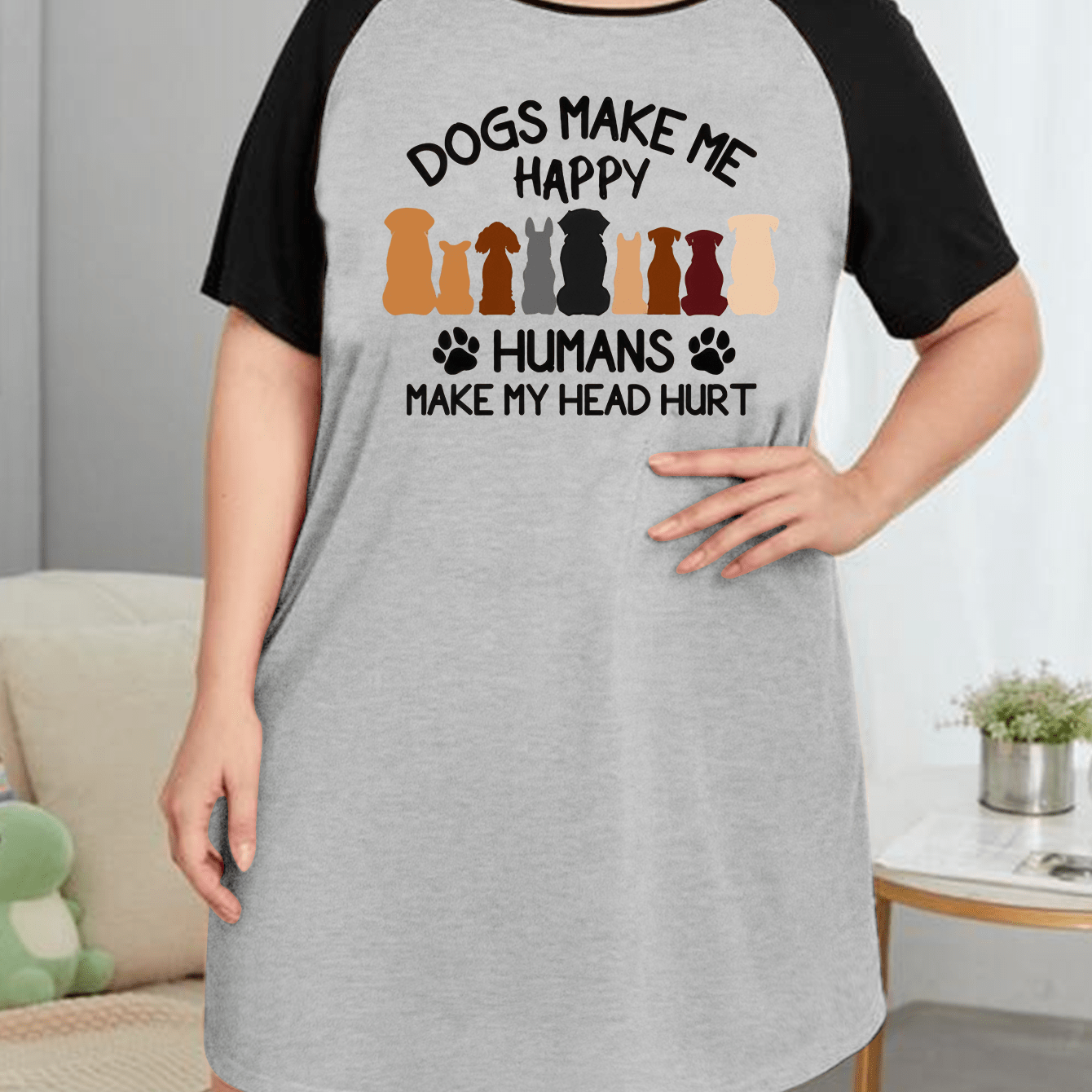 Dogs & Slogan Print Nightdress Tee Sleep Dress
