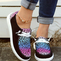 Leopard Print Boat Shoes Lace Up Casual Canvas Sneakers Lightweight