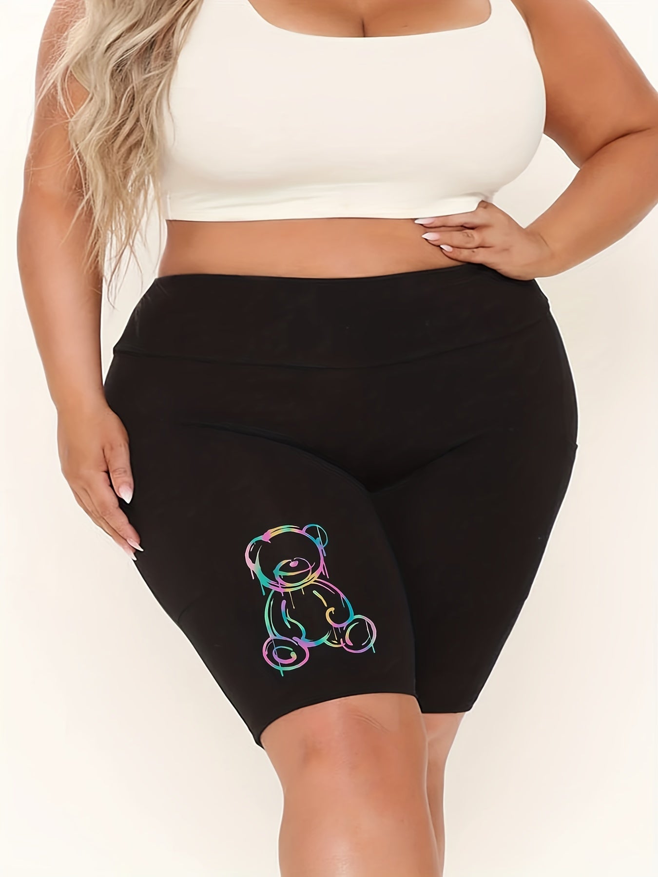 Casual Shorts Women's Plus Bear Print High Rise Skinny Sports Shorts