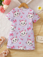 Toddler Girls Cartoon Cat Graphic T-shirt Dress For Party Kids