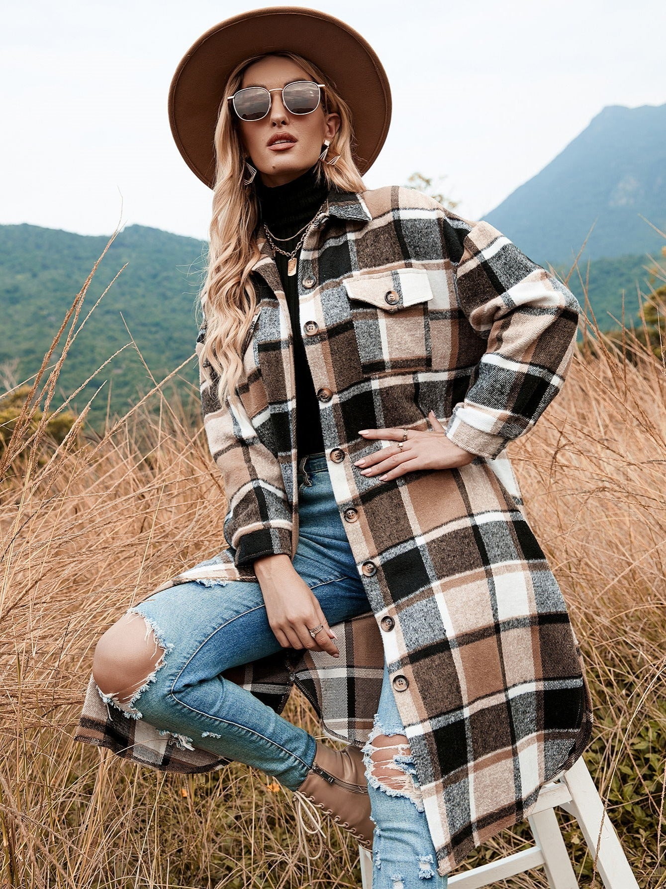 Long Sleeve Plaid Shirt Jacket for Women