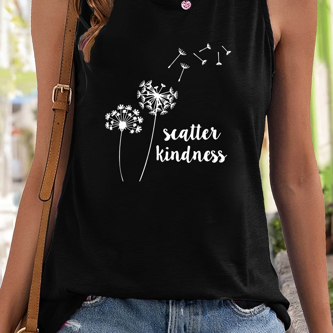 Dandelion & Letter Print Sleeveless Sports Vest Round Neck Casual Tops