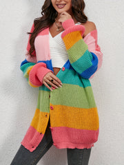 Rainbow Striped Knit Cardigan V-Neck Button Front Sweater