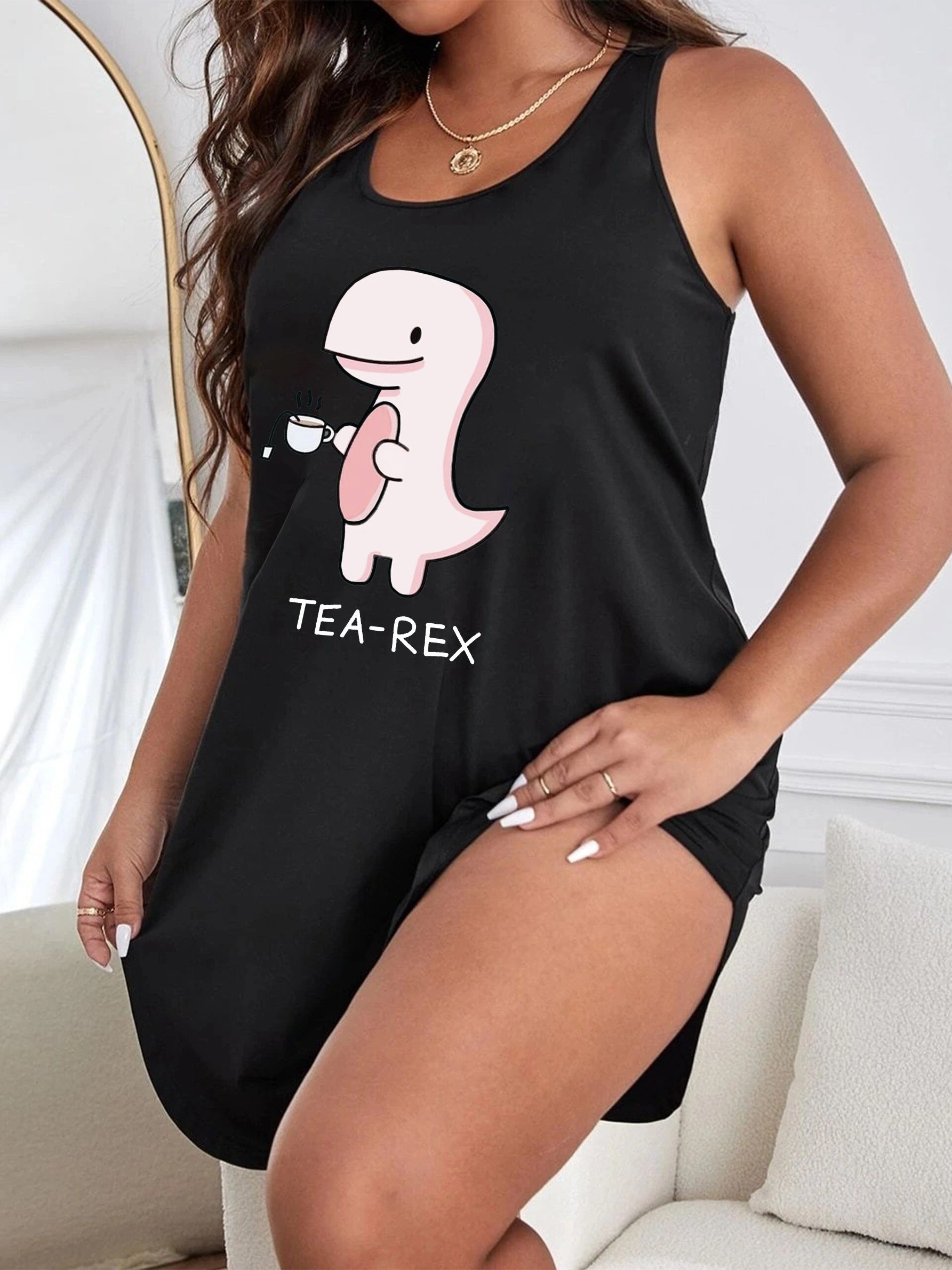 Cartoon Dinosaur Print Racer Back Tank Dress