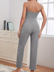 3-Piece Waffle Knit Cami Top & Tie Pants & Long Sleeve Coat Set