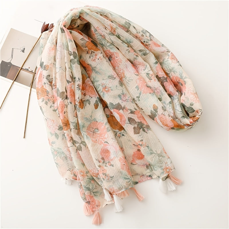 Women's Linen Pink Floral Print Fringe Scarf