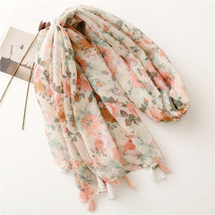 Women's Linen Pink Floral Print Fringe Scarf
