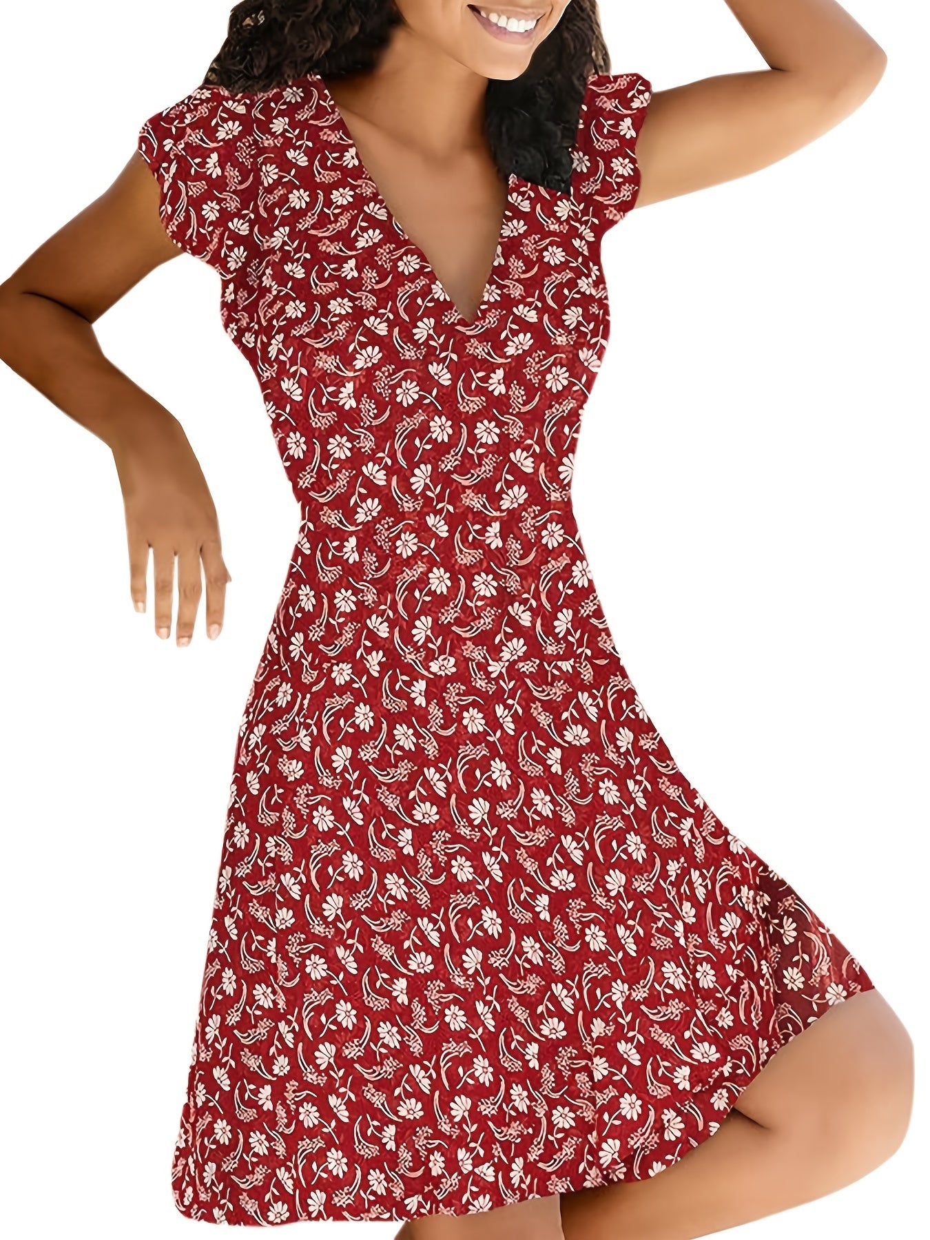 Floral Print V Neck Slim Dress Short Sleeve Casual Dress For Fall & Spring