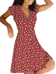 Floral Print V Neck Slim Dress Short Sleeve Casual Dress For Fall & Spring