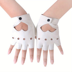 Punk Short Finger Gloves Peach Heart Hollow PU Leather Non-slip