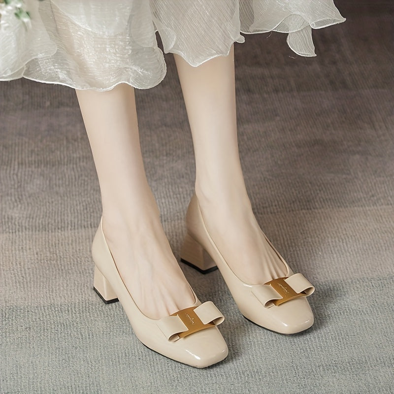 Square Toe Chunky Heels Bowknot Patent Leather Shoes