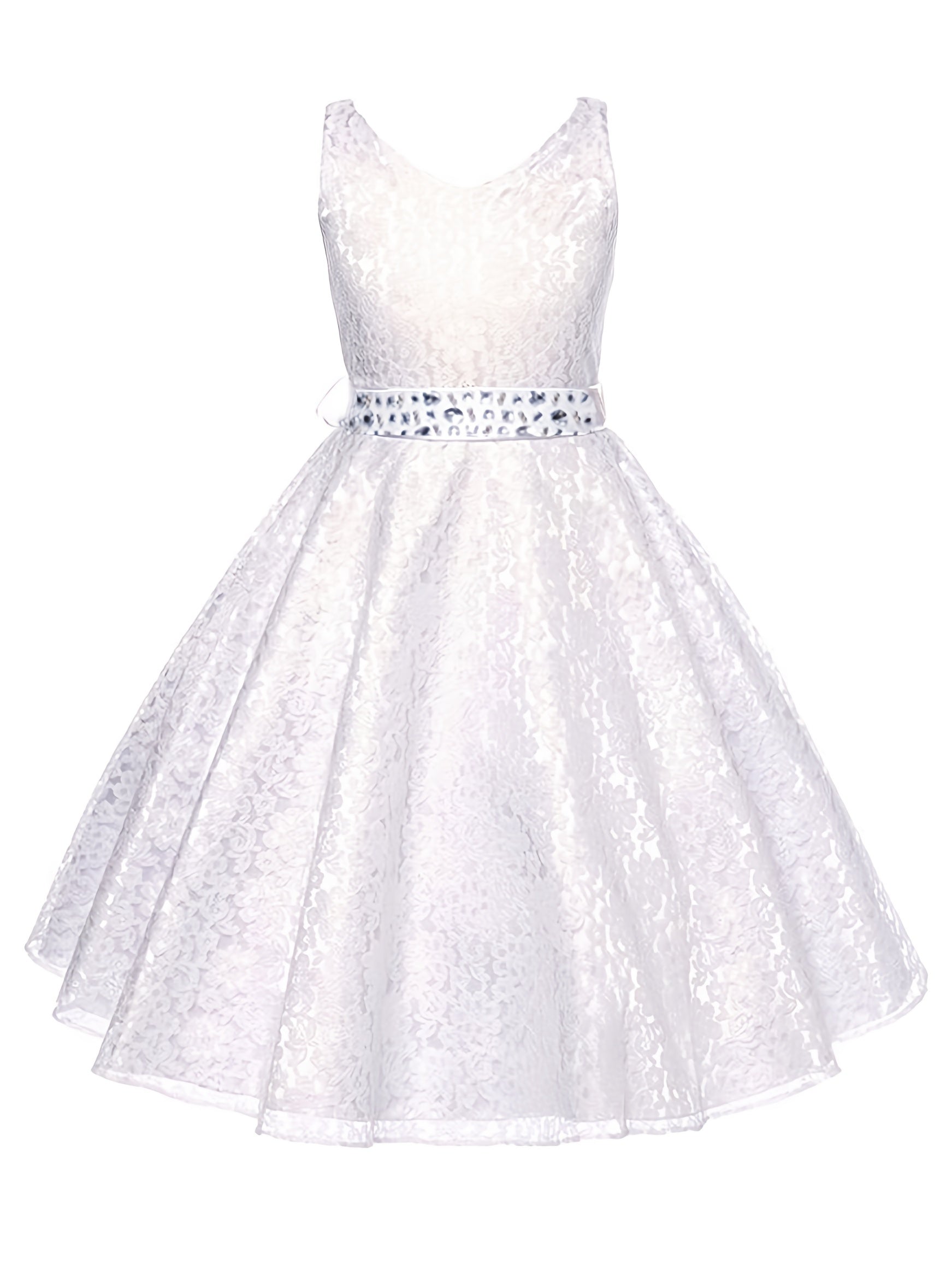 Girls Sleeveless V-neck Lace Flowers Rhinestone Princess Dress