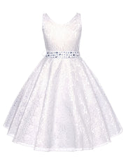 Girls Sleeveless V-neck Lace Flowers Rhinestone Princess Dress