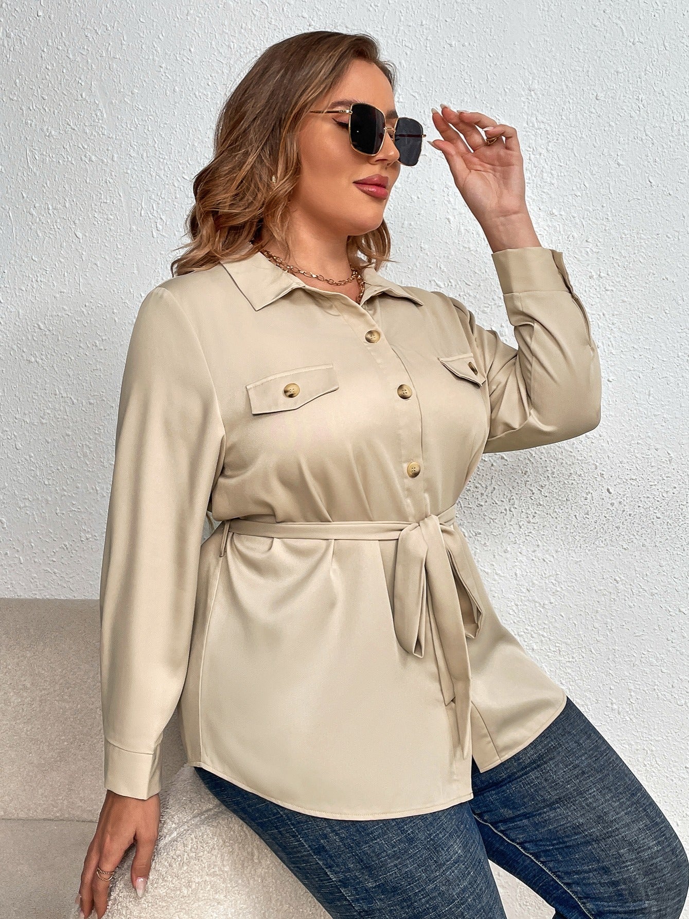 Apricot Long Sleeve Shirt Button Up Belted Blouse