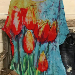 Floral Print Tie Dye Round Neck Short Sleeve Blouse