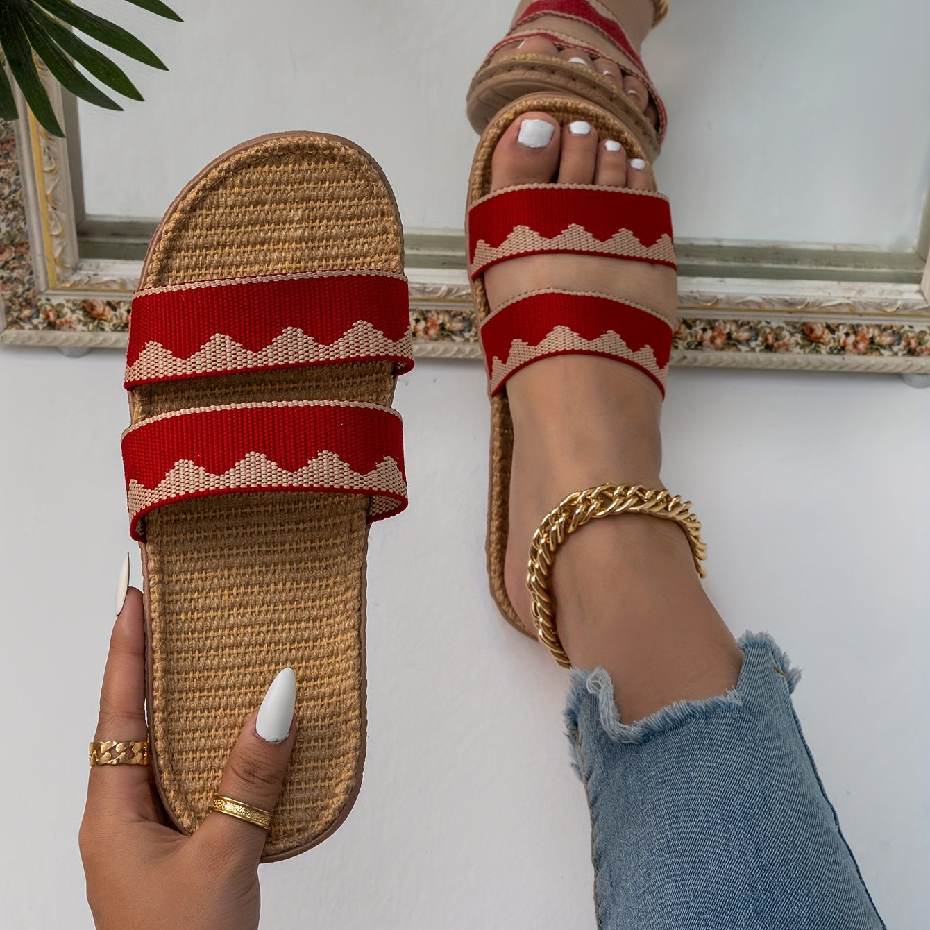 Women's Wave Striped Linen Slides Ultra Light Open Toe Double Bands Shoes