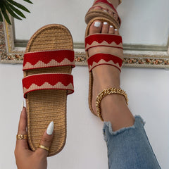 Women's Wave Striped Linen Slides Ultra Light Open Toe Double Bands Shoes