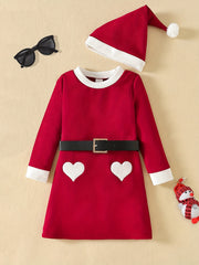 3pcs Christmas Dress Set for Girls - Heart Element with Belt and Hat
