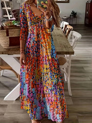 Tie Dye Long Sleeve V Neck Midi Dress