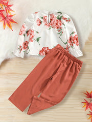 Floral Trumpet Sleeve Shirt & Button Pants Set for Toddler Girl