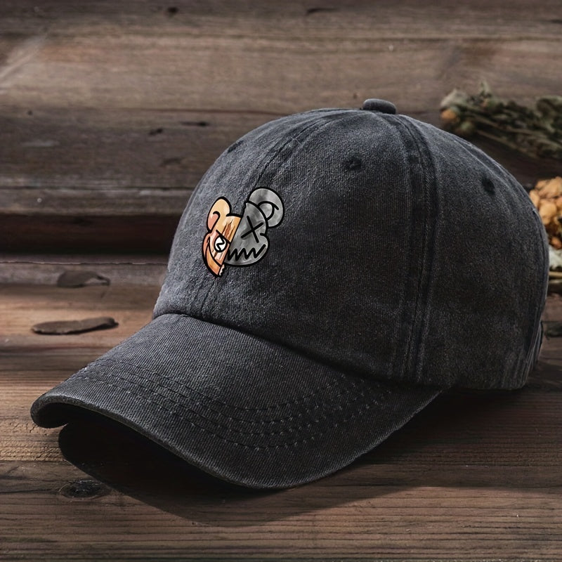 Split Bear Print Baseball Cap Vintage Washed Distressed Cartoon Dad Hats