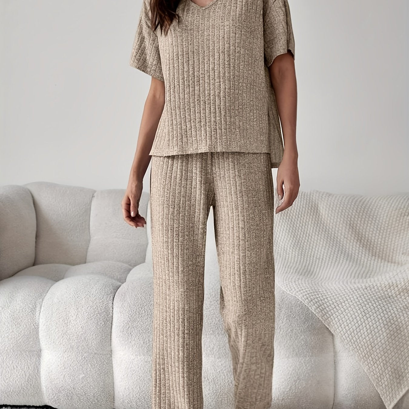 Ribbed Lounge Set Short Sleeve Top & Pants Women's Loungewear