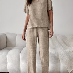 Ribbed Lounge Set Short Sleeve Top & Pants Women's Loungewear