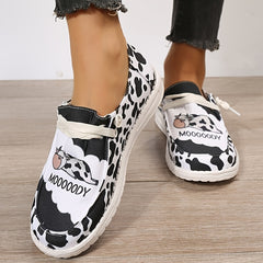 Women's Cow Canvas Shoes Low Top Lace Up Round Toe Flat Shoes