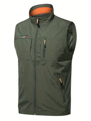Men's Stand Collar Zip Up Cargo Vest for Outdoor Activities