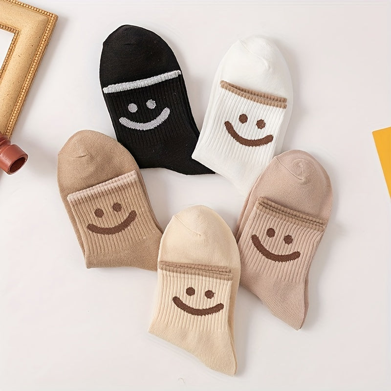5 Pairs Smiling Print Crew Socks for Women