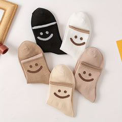 5 Pairs Smiling Print Crew Socks for Women