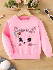 Pretty Cat Print Girls Casual Creative Pullover Sweatshirt Long Sleeve