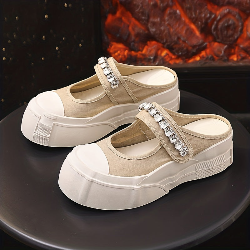 Rhinestone Decor Hook & Loop Fastener Slippers Thick Sole Outdoor Slippers