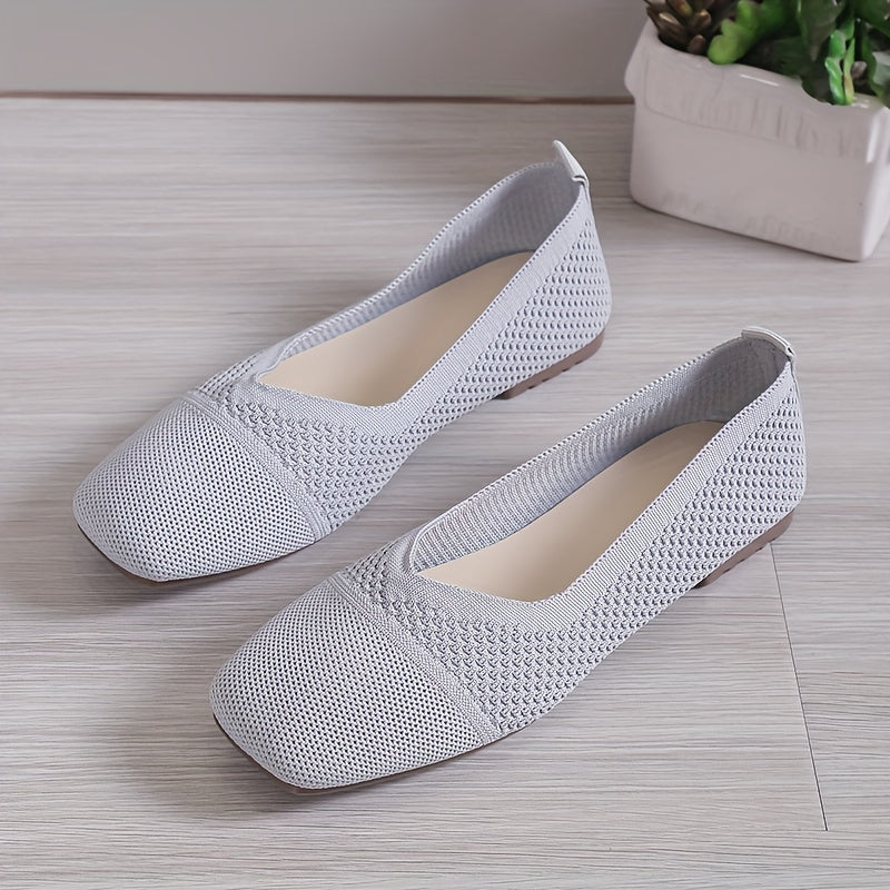 Women's Breathable Knit Slip On Flat Shoes Lightweight Square Toe Shoes