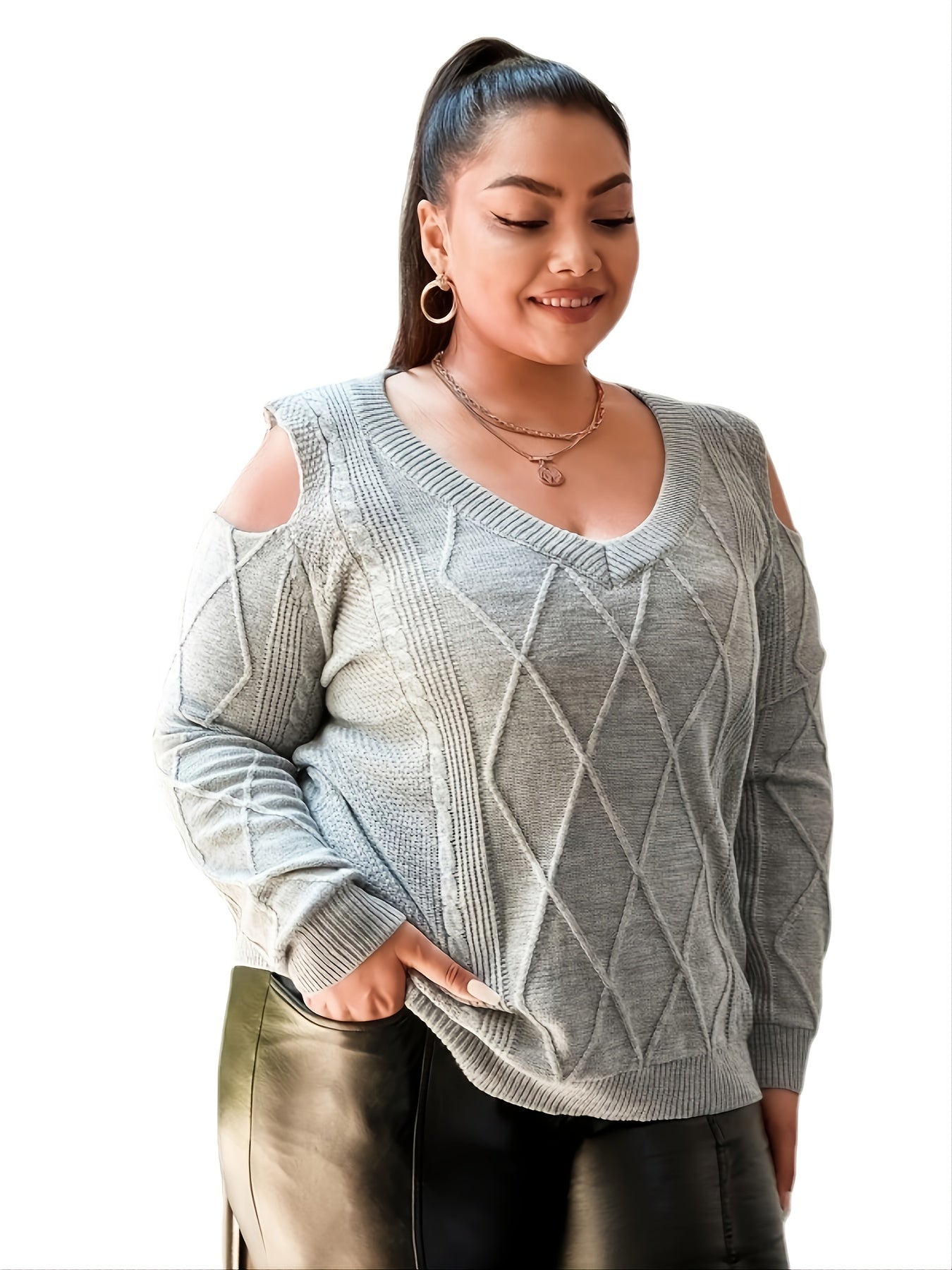 V Neck Cut Out Sweater Women's Plus Medium Stretch Sweater
