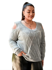 V Neck Cut Out Sweater Women's Plus Medium Stretch Sweater