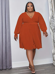 Women's Plus Solid Lantern Sleeve V Neck Flare Dress With Belt